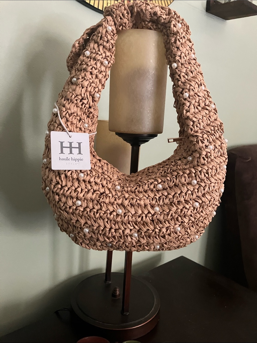 Haute Hippie Woven Straw Hobo Bag with Embellished Pearls - Tan - Picture 4 of 6